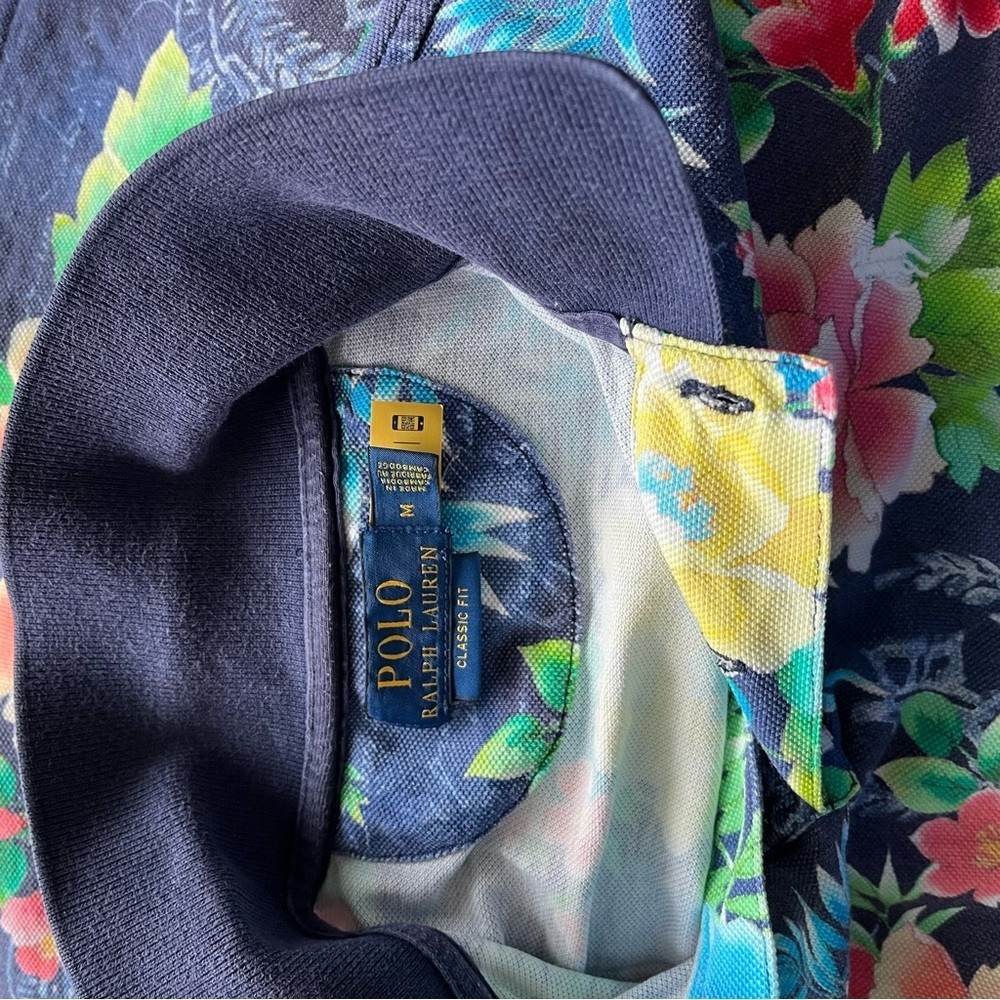 POLO RALPH LAUREN sz M Classic Fit Navy Blue Mesh Polo Shirt Floral Print - Picture 4 of 11
